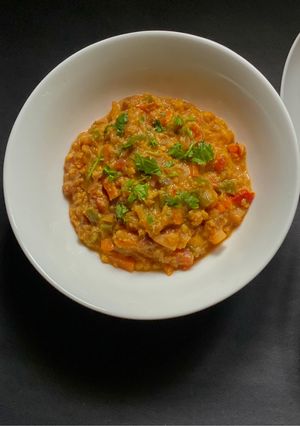 A picture of Chola’r Dal or Chana Dal Qeema Curry -for lunch in Thakurbari style.