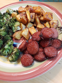 A picture of Roasted Sweet Potato and BBQ Kielbasa - Sheet Pan.