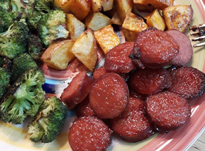 A picture of Roasted Sweet Potato and BBQ Kielbasa - Sheet Pan.