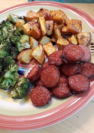 A picture of Roasted Sweet Potato and BBQ Kielbasa - Sheet Pan.