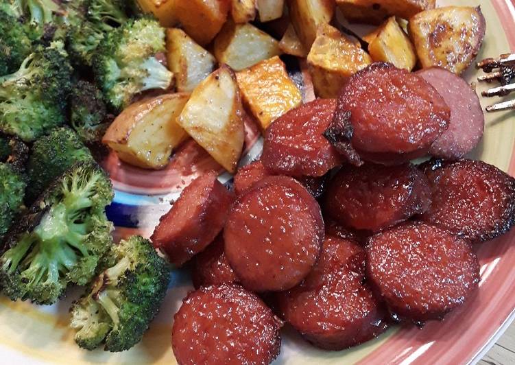 Recipe of Super Quick Homemade Roasted Sweet Potato and BBQ Kielbasa - Sheet Pan