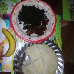 A picture of Ugali sukuma and meat.