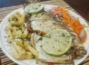 Una foto de Bocachico en cabrito a mi estilo acompañado de puré de papa criolla y ensalada