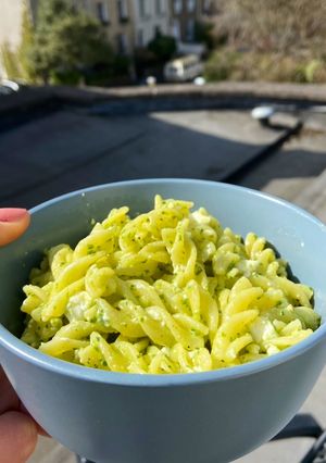 A picture of Nutty Wild garlic pesto and feta pasta 🍝.