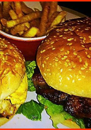 A picture of Tex's Egg & Bacon Cheeseburgers 🐷 🍔🐄🍳🧀.
