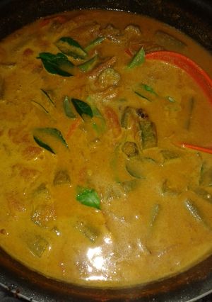 A picture of Vendakka Theeyal (Okra/Ladies finger in roasted coconut).