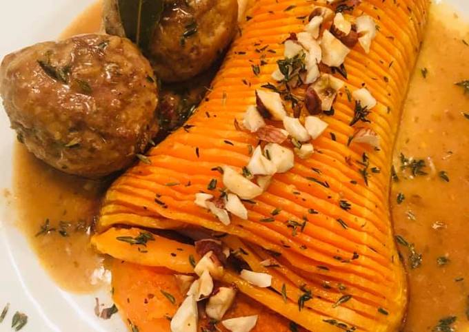 Recette Délicieux Boulettes d'Agneau et Dinde au riz Butternut rôti au
sirop d’Érable