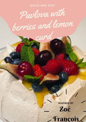 A picture of Pavlova with berries and lemon curd.