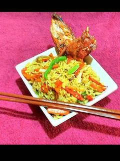 A picture of Chinese Fried Rice with Peppered Oven Grilled Chicken.