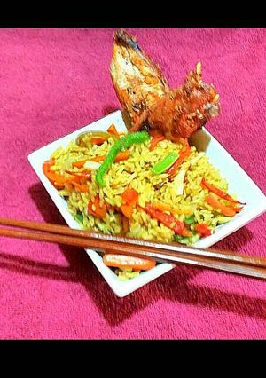 A picture of Chinese Fried Rice with Peppered Oven Grilled Chicken.