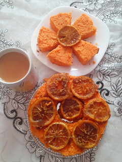 A picture of Orange Cake with Caramelized Orange Slices.