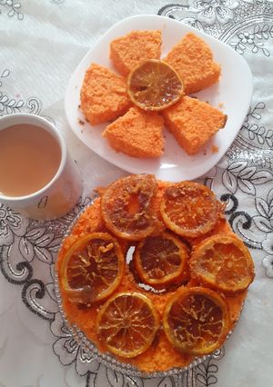 A picture of Orange Cake with Caramelized Orange Slices.