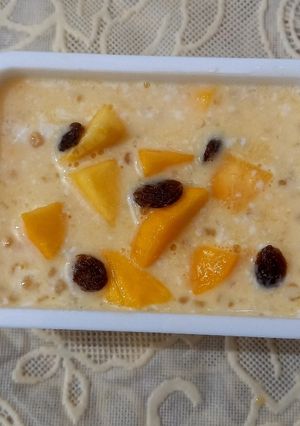 A picture of Sago dana with mango cubes 🥭.