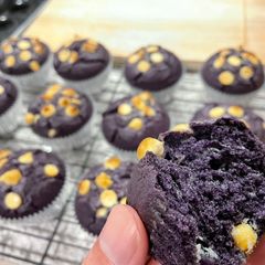 A picture of Ube White Chocolate Chip Muffins.