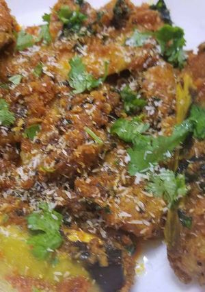 A picture of Stuffed Banana Masala with Coconut stuffing.