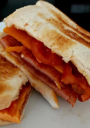 A picture of My Cheese & Tomato Grilled Spam Toastie #2Flavours #Breakfast #Lunch.