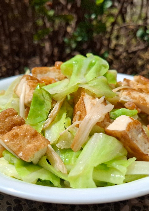 美味的便當菜-油豆腐金針菇炒高麗菜 的食譜成品照片