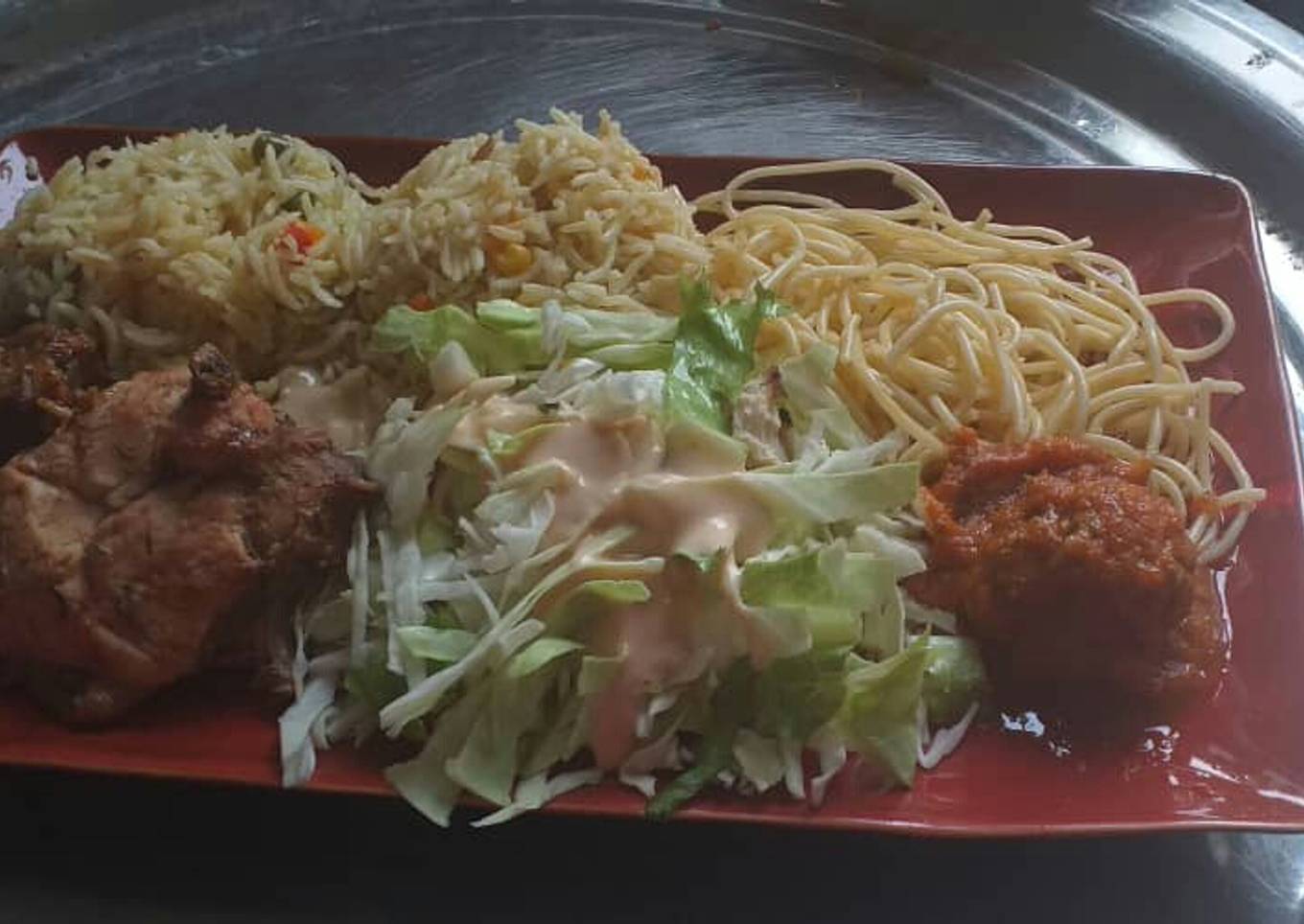 Coconut fried rice,spagetti with fried chicken and cabbage salad