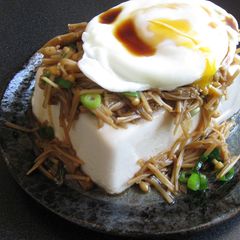 Cold Tofu with ‘Nametake’ Enoki & Egg A picture of Cold Tofu with ‘Nametake’ Enoki & Egg.