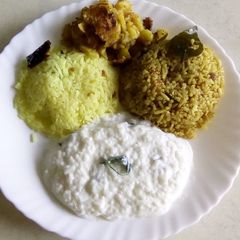 A picture of Variety rice with potato fries(lemon, tamarind and curd rice).