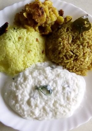A picture of Variety rice with potato fries(lemon, tamarind and curd rice).