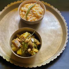 A picture of Niramish Panch Misali Sabji with Khichudi in West Bengal style for dinner.