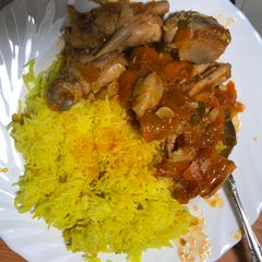 A picture of Chicken Stew and Tumeric Rice......(Healthy delicious food).