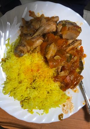 A picture of Chicken Stew and Tumeric Rice......(Healthy delicious food).