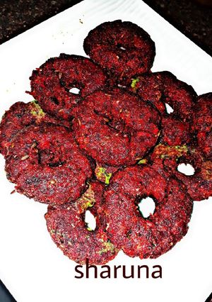 A picture of Savoury Beetroot Donuts.