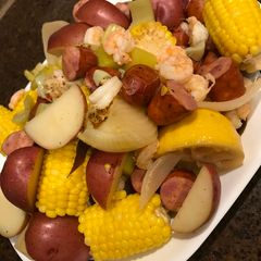 A picture of Low Country Boil (with a Cajun flair!).