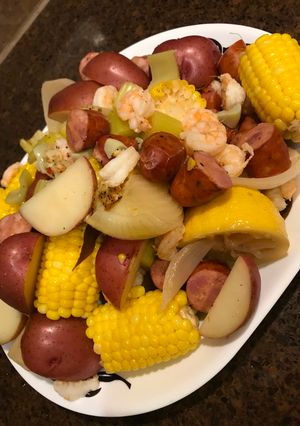 A picture of Low Country Boil (with a Cajun flair!).