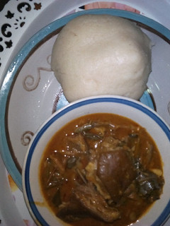 A picture of Oha soup and semo.