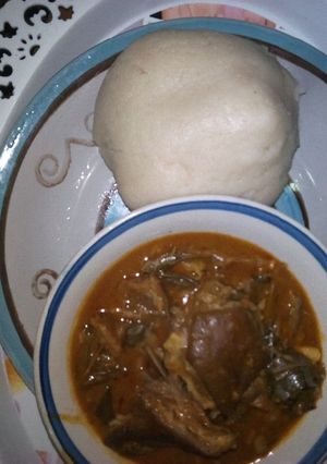 A picture of Oha soup and semo.