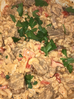 A picture of Spicy sausage and pepper pasta (healthy version).