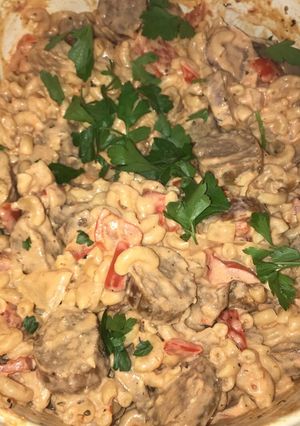 A picture of Spicy sausage and pepper pasta (healthy version).