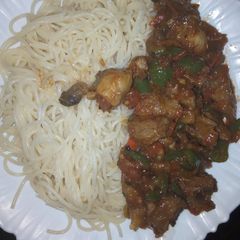 A picture of Wet Fried beef with Indomie.