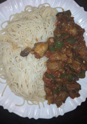 A picture of Wet Fried beef with Indomie.