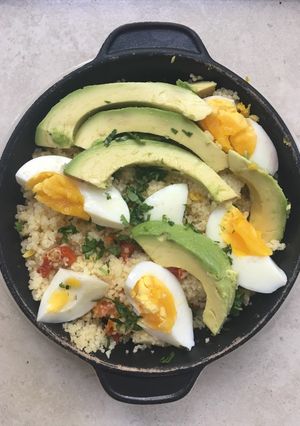 A picture of Couscous egg and avocado salad.