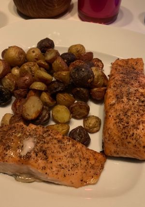 A picture of Air-Fried Honey Soy Salmon with Garlic Parmesan Potatoes.