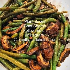 A picture of Oven Roasted Fresh Green Beans and Mushrooms Marinated in Balsamic Vinegar.