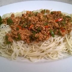 A picture of Qeema and egg noodles.