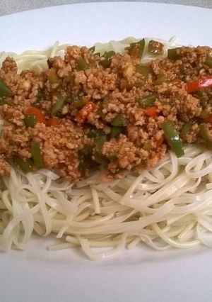 A picture of Qeema and egg noodles.