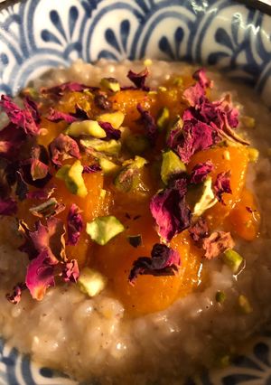 A picture of Rose water, cardamom and apricot rice pudding - vegan.