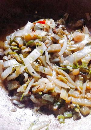 Foto resep Tumis sawi putih & terong pedas