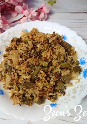 A picture of Cabbage and Beans Fry with Dessicated Coconut.