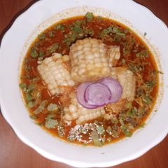 A picture of Roasted peanut & corn gravy 🌽🍅🧅.