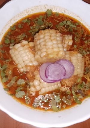 A picture of Roasted peanut & corn gravy 🌽🍅🧅.