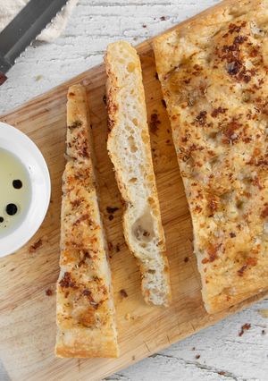 A picture of Overnight 89% Hydration Garlic and Rosemary Focaccia.