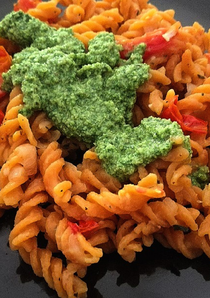 Una foto de Espirales de lentejas al pesto de rúcula