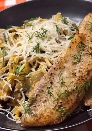 Gombás édeskömény ragu tésztával, tilápia filével recept fotója